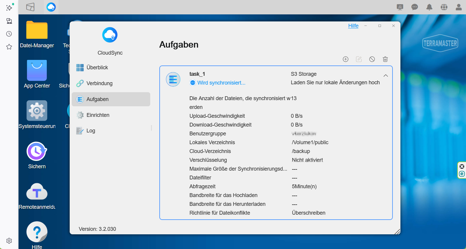Terramaster CloudSync app, Abschnitt Aufgaben mit aktiver Synchronisation