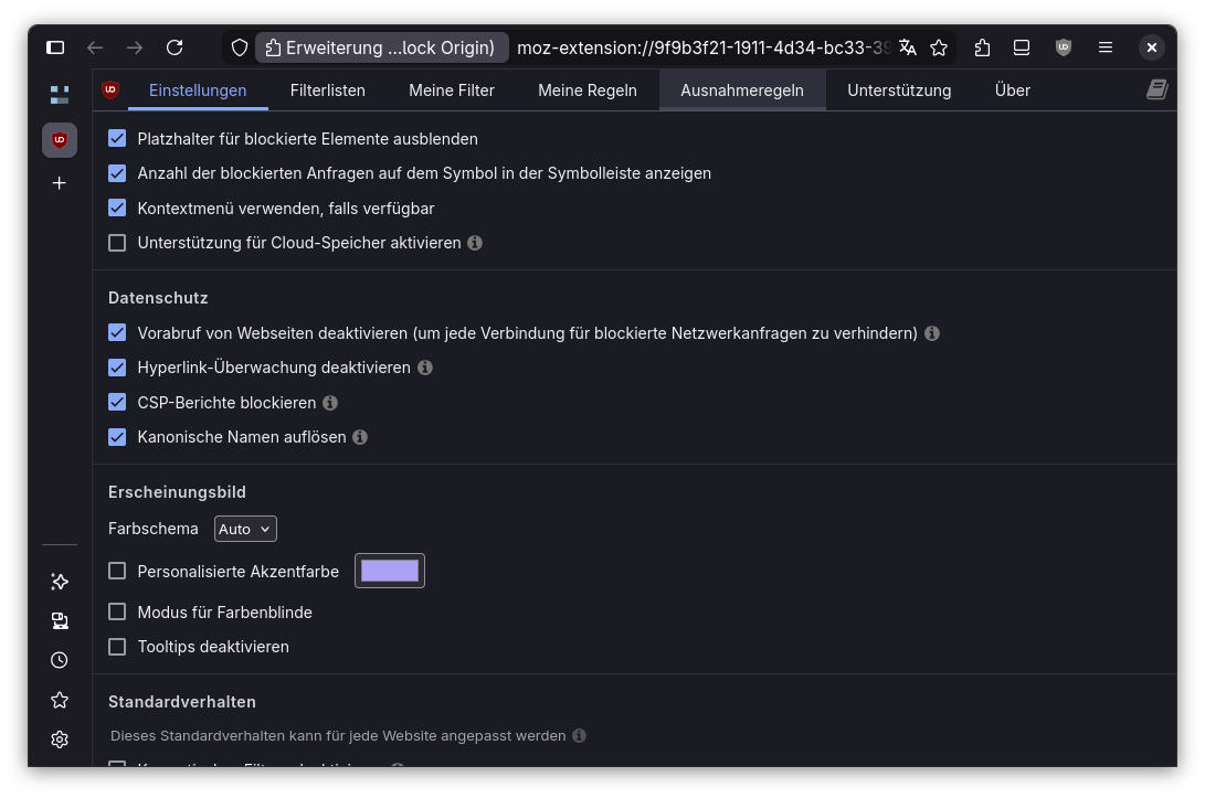 uBlock Origin Erweiterung Einstellungsbildschirm